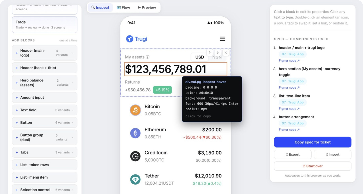 The Idea Builder tool: governed components, a live on-brand screen, and an exact spec panel