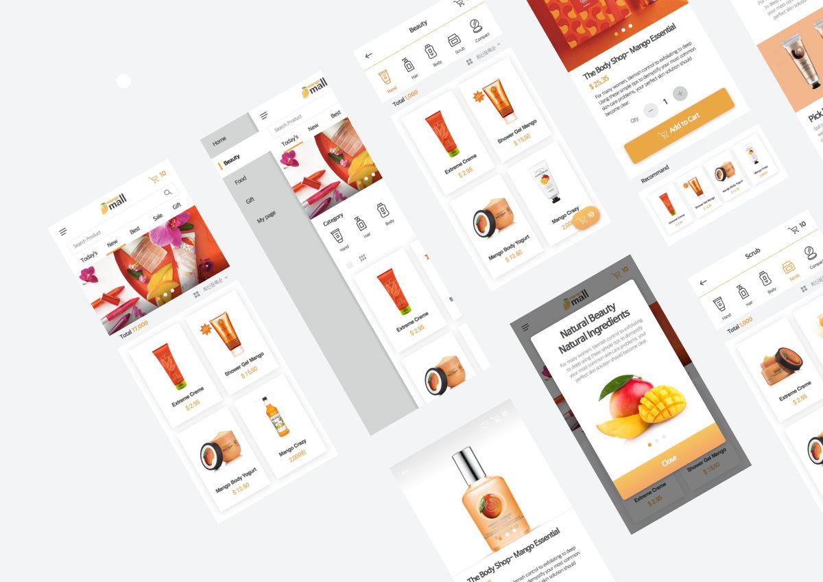 Mango mall, an iOS e-commerce app: home with product carousels, category and beauty listings, a product detail page with quantity and Add to Cart, and a recommend rail