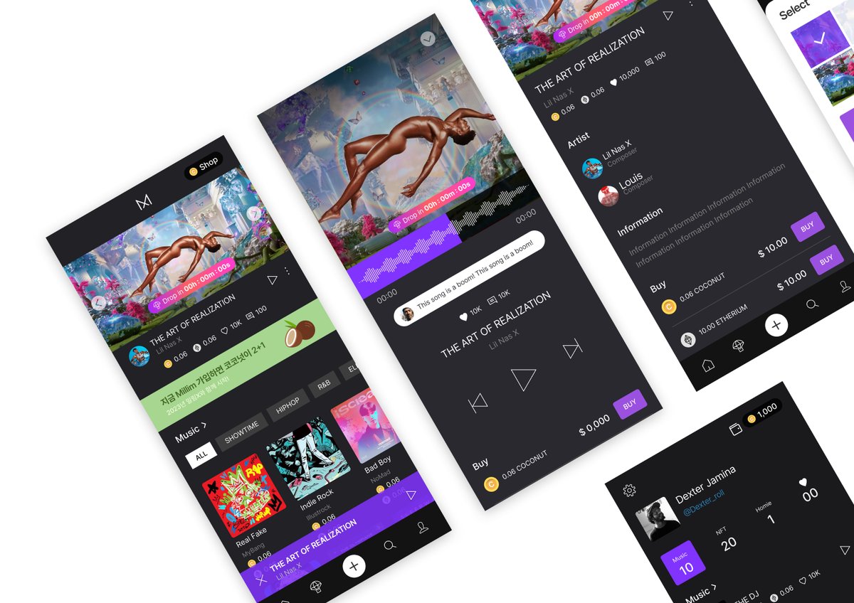 Millim X, an iOS NFT music-drop platform: a dark player, timed drop countdowns, artist and track detail, and in-app purchase