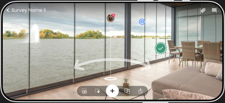 The 360-degree capture view that follows: a walkable panoramic scene with directional guidance