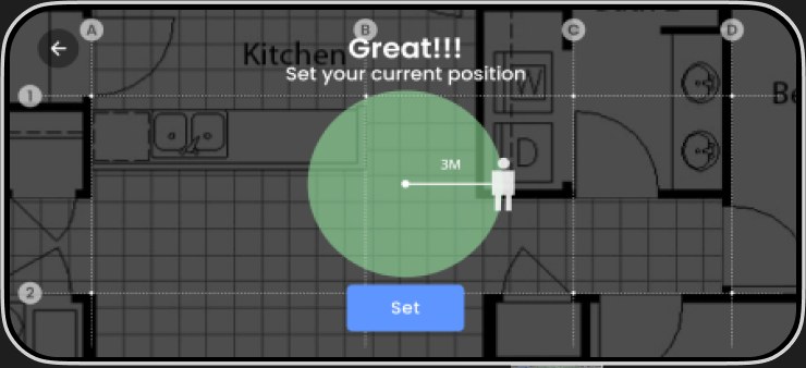 Beamo's redesigned position-setting screen: a fixed green position circle over the floor plan, a live 3-meter distance readout, and a Set button