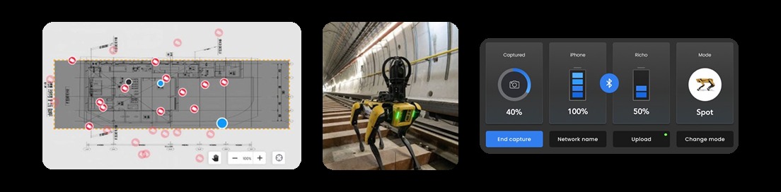 Left to right: a capture route marked on a floor plan, Boston Dynamics' Spot carrying the capture rig in a rail tunnel, and the proof-of-concept iOS app monitoring a live capture run