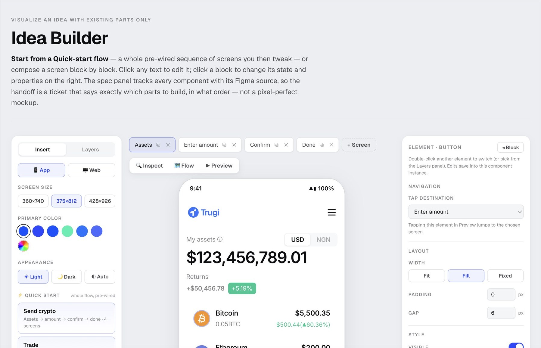 Idea Builder: a browser-based screen builder headed 'Visualize an idea with existing parts only,' with a left rail of on-brand components, a live Trugi phone preview in the center, and a property inspector on the right