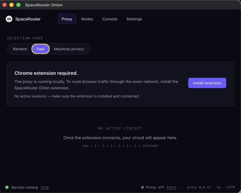 The real SpaceRouter Onion desktop app: a selection mode toggle (Random, Fast, Maximize privacy), a Chrome extension install prompt, and a live circuit diagram reading you, then three hops, then internet