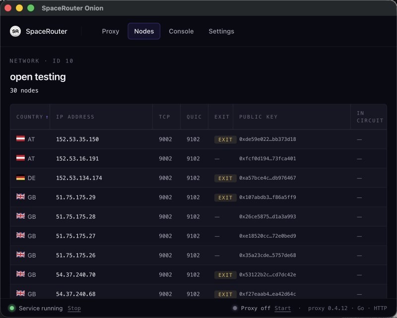 The real SpaceRouter Onion node table: relay nodes with IP addresses, TCP and QUIC ports, exit-node tags, and public keys