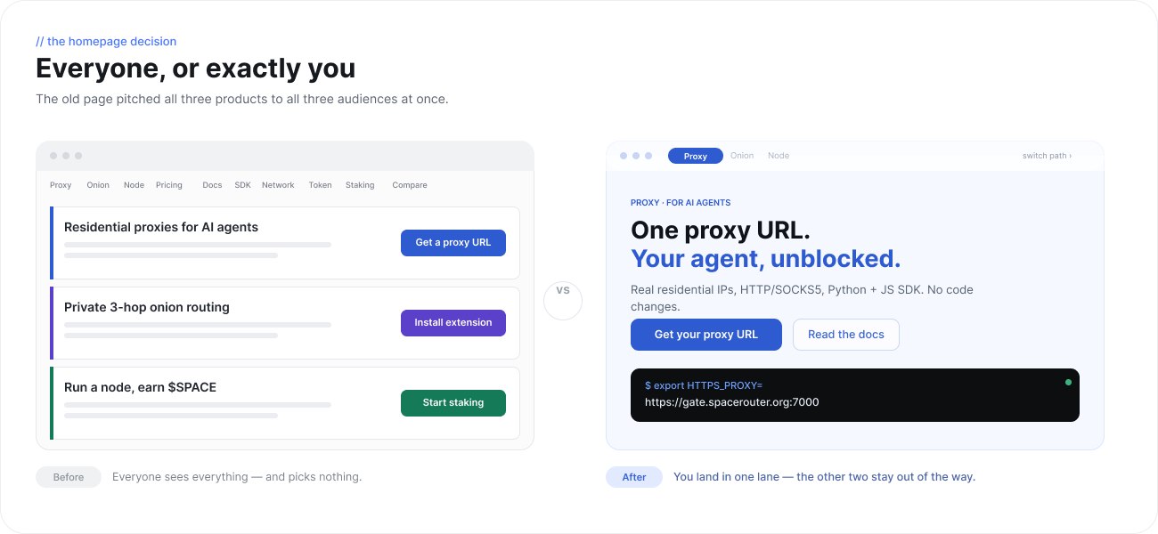 Before and after homepage comparison: the old page listing all three products in one scrolling list, versus the new Proxy-specific landing page with a focused headline and code snippet