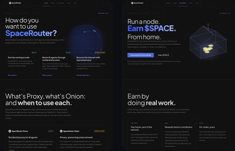Two real SpaceRouter pages: the self-select homepage with three entry cards, and the Node operator page headlined 'Run a node. Earn $SPACE. From home.'