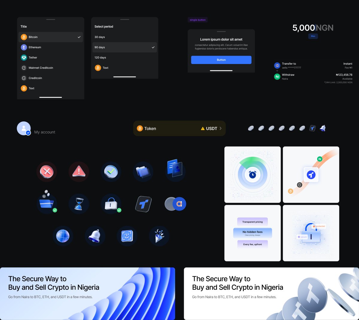 Real components from the Trugi design system: bottom sheets, token list items, buttons, account rows, a status icon set, illustration tiles, and marketing banners, all sharing one visual language