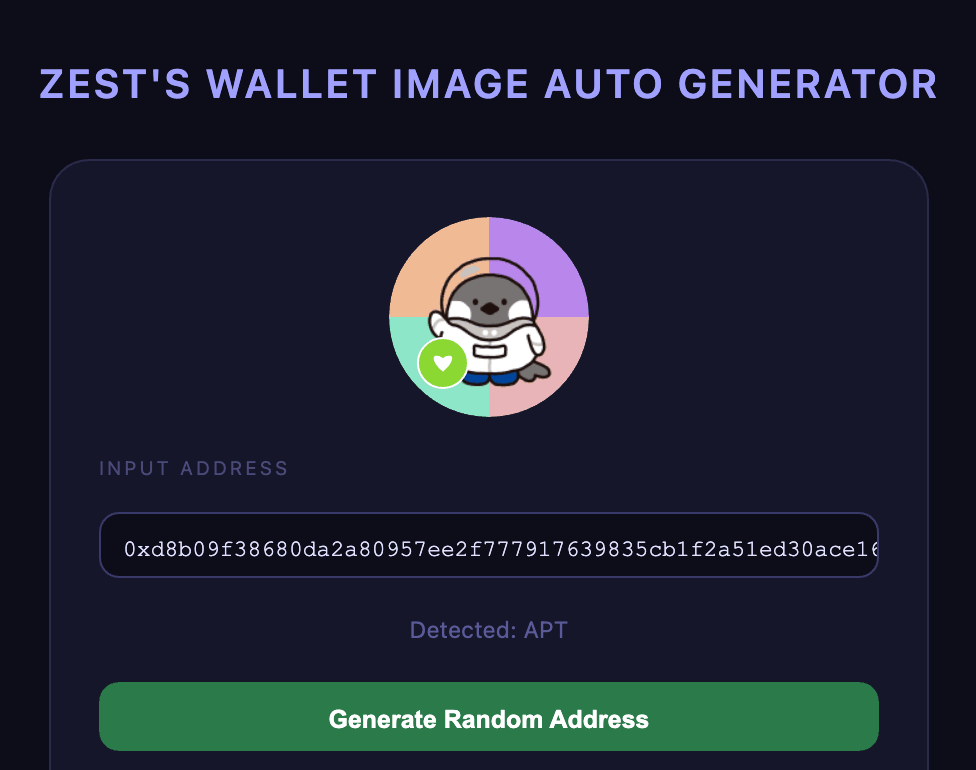 The generator running: an address is pasted, the chain is auto-detected as APT, and that address's unique penguin avatar renders