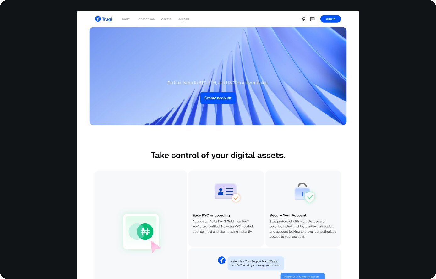 Trugi homepage: a clean exchange interface with a clear first trade call to action