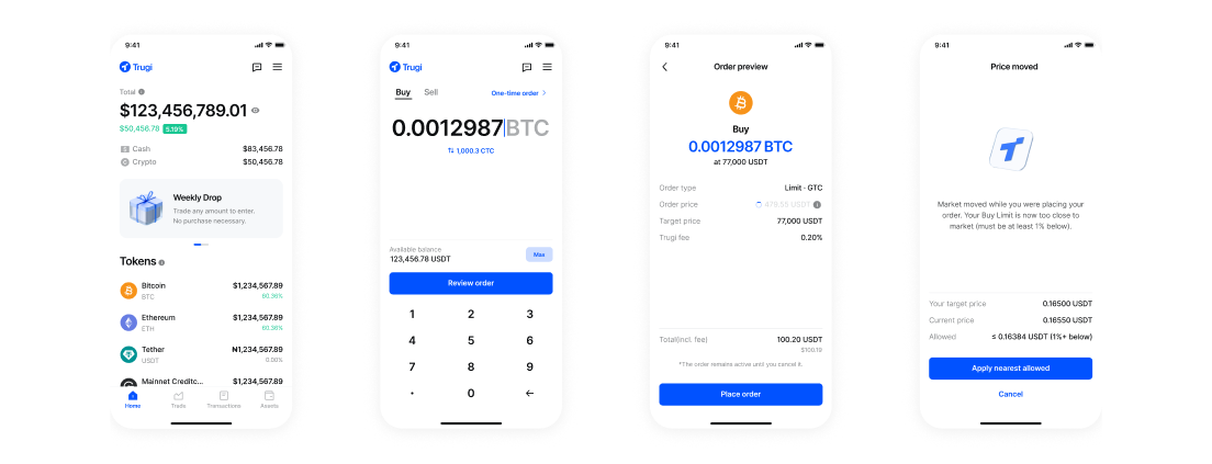 The shipped Trugi buy flow across four screens: home balance, amount entry with keypad, order preview, and the price-moved guard