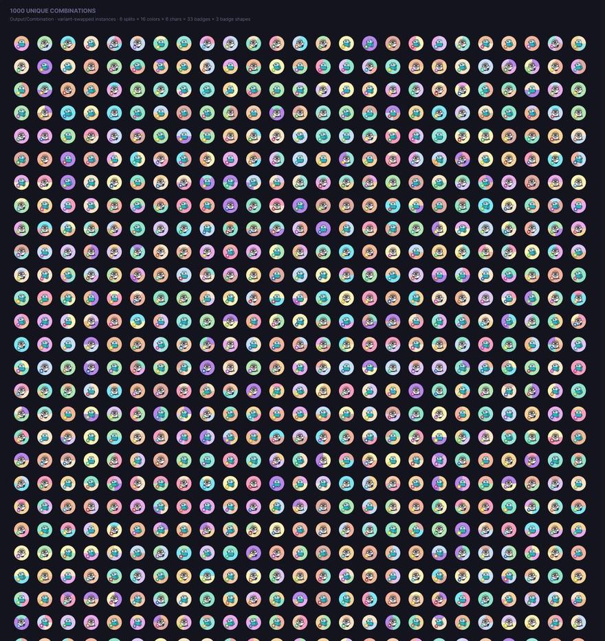 A grid of 1,000 generated wallet avatars, each a unique combination of character, colors, split background, and badge