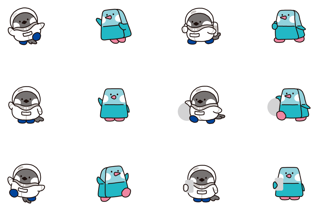 The PenguinWallet character set: the astronaut penguin and the teal penguin drawn across a dozen friendly poses