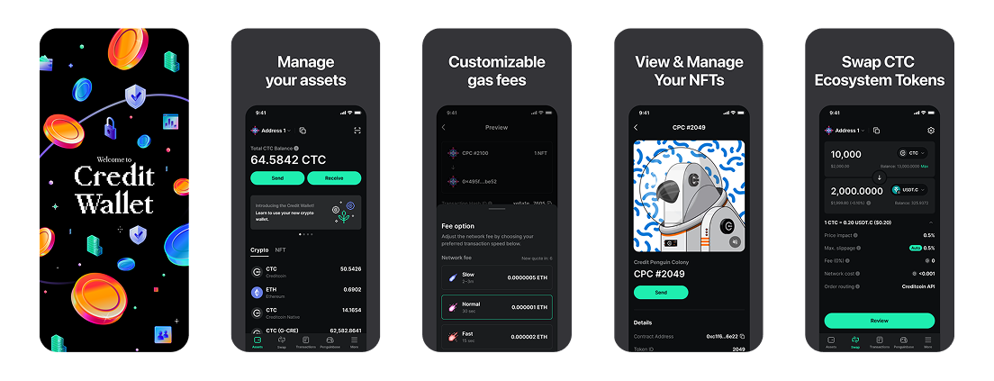 Credit Wallet's original marketing screenshot set: a dark welcome screen with floating coin illustrations, and dark UI screens for assets, gas fees, NFTs, and token swaps
