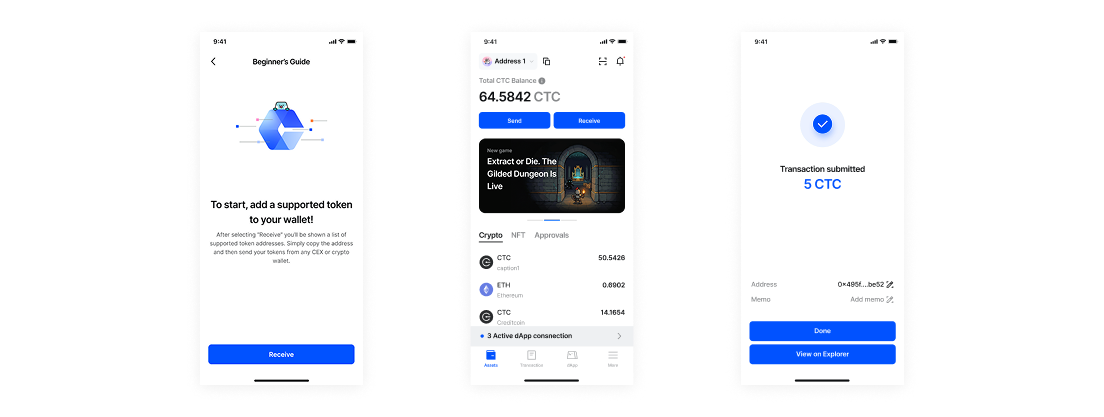 PenguinWallet real screens: a Beginner's Guide onboarding step prompting a user to add a supported token, the balance screen with an active game banner and dApp connections, and a transaction submitted confirmation